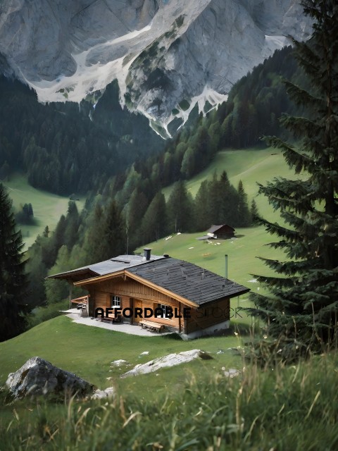 A small wooden house on a hillside with a mountain in the background