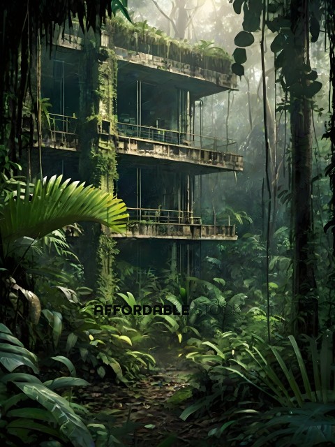 A jungle scene with a large building in the background
