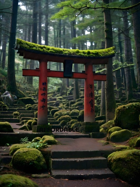 A Japanese style garden with a red and green shrine