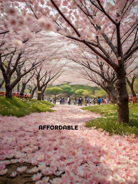 Cherry Blossom Pathway with People Walking