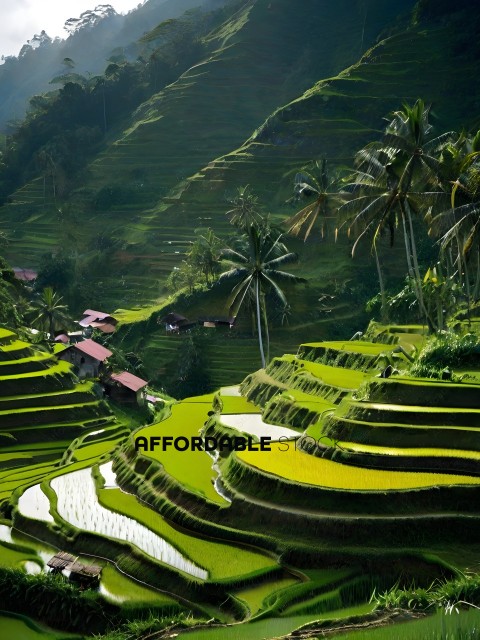 A beautiful landscape of rice terraces and palm trees