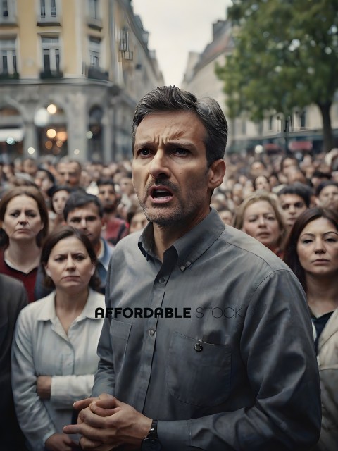 Man in a crowd with a look of disbelief on his face