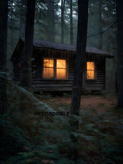 A small cabin in the woods with a warm glow from the sun