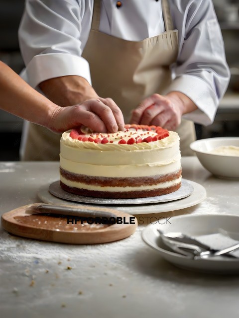 A chef is decorating a cake with strawberries