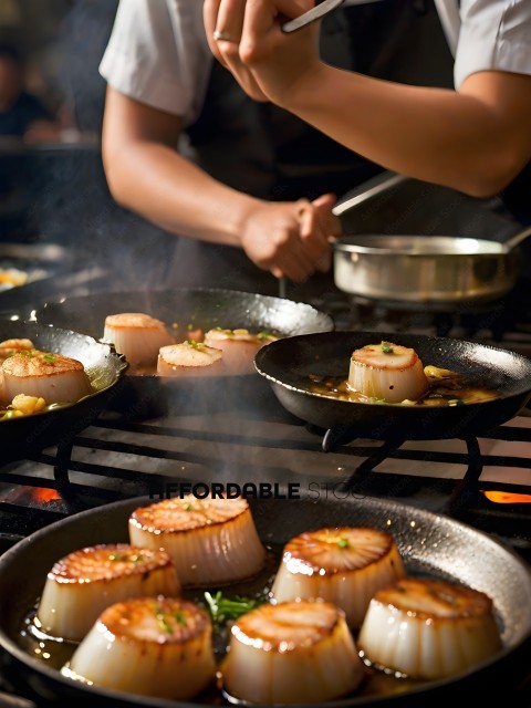 A chef cooking scallops in a pan