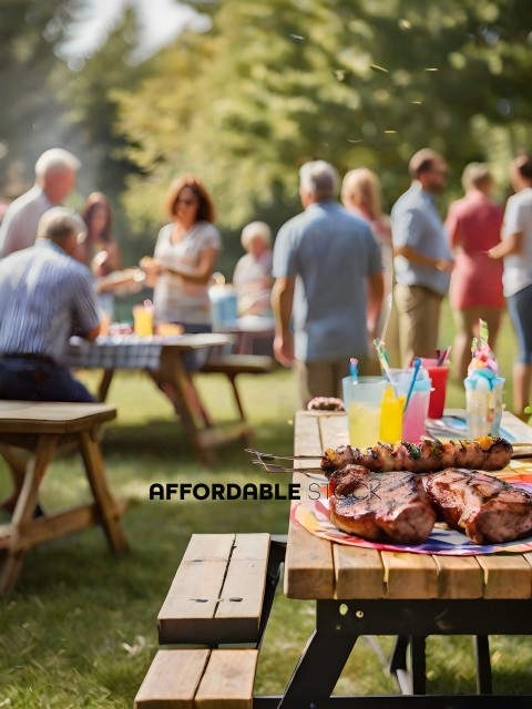 A group of people are gathered around a picnic table with food and drinks