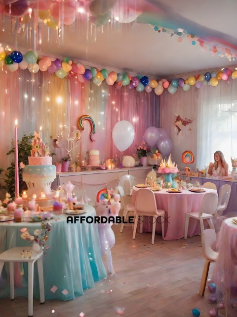 A party room with a pink and white theme