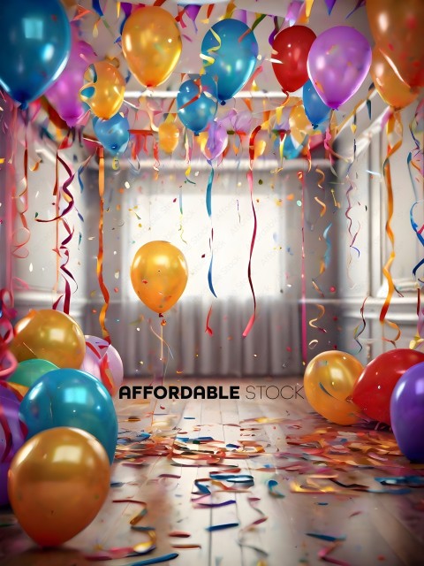 Balloons and confetti in a room
