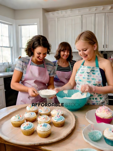 Three women in aprons making cupcakes