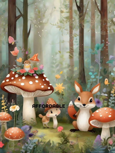 A group of mushrooms and animals in a forest