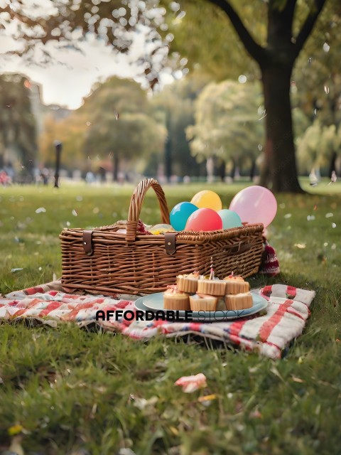 A picnic basket with cupcakes and balloons on a blanket in a park