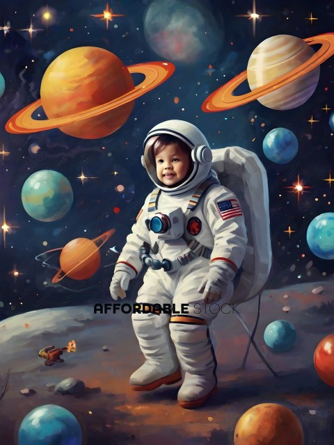 A young child wearing a space suit and standing on a planet