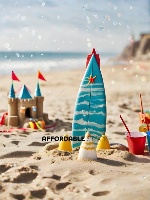 Surfboard and castle toys on the beach