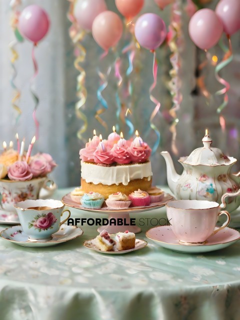A table with a tea set and a cake with pink frosting and pink roses