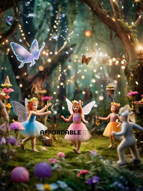 A group of fairy dolls dancing in a garden