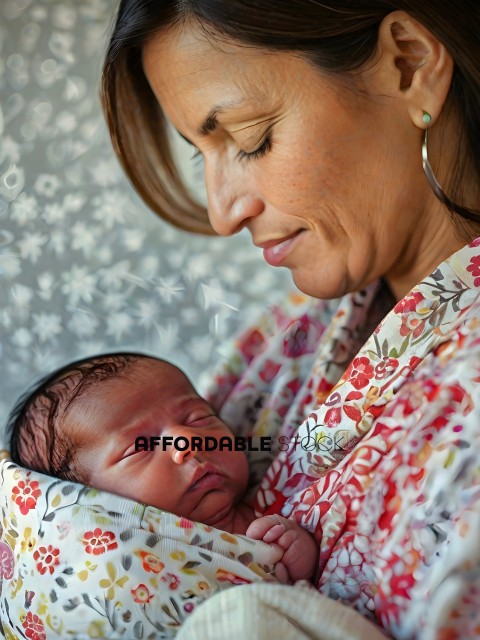A woman holding a baby wrapped in a blanket