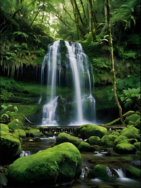 A waterfall in a jungle with moss growing on the rocks