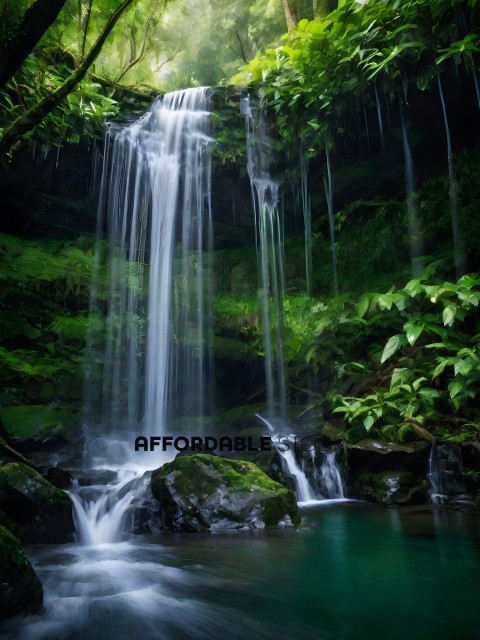 A waterfall in a lush green forest