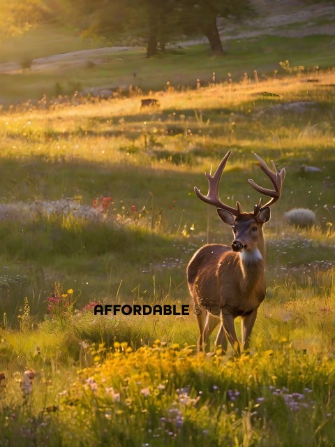 A deer stands in a field of flowers