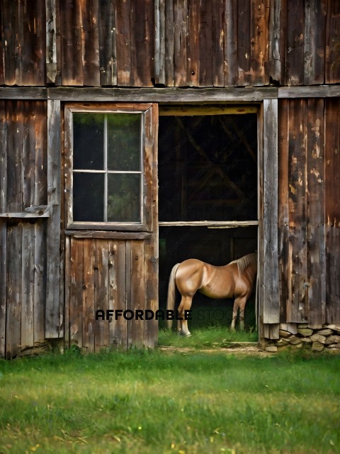 A horse standing in the grass in front of a wooden building