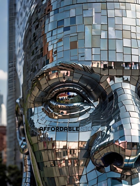 A large metal sculpture of a face with a reflection of a city in the background