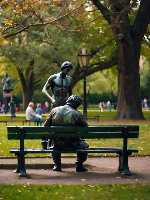 A statue of a man and woman sitting on a bench