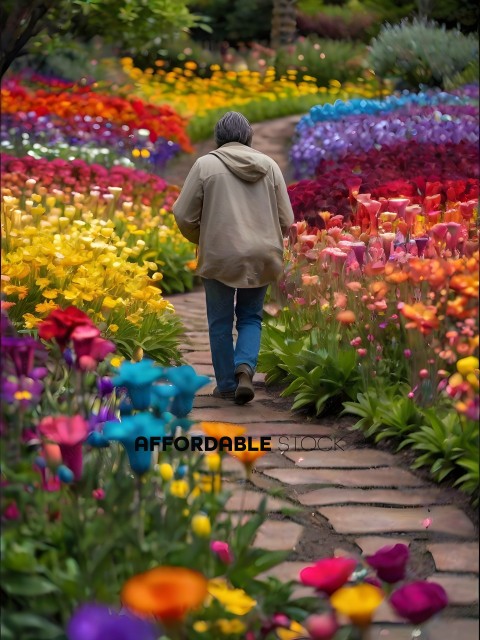 A person walking through a garden of flowers
