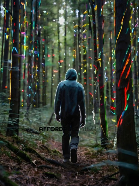 A person walking through a forest with a rainbow of lights