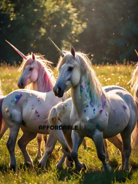 Three white horses with colorful manes