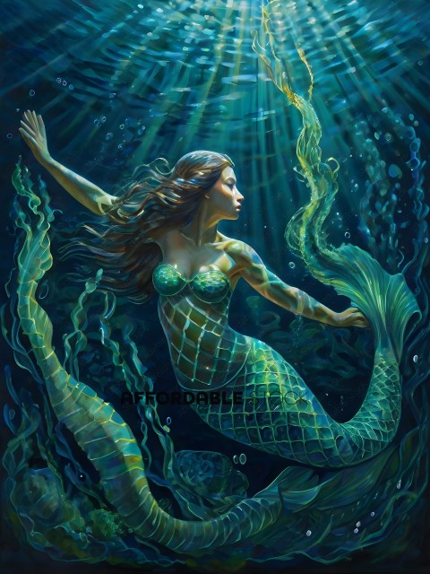 A mermaid with long hair and a green tail swims underwater