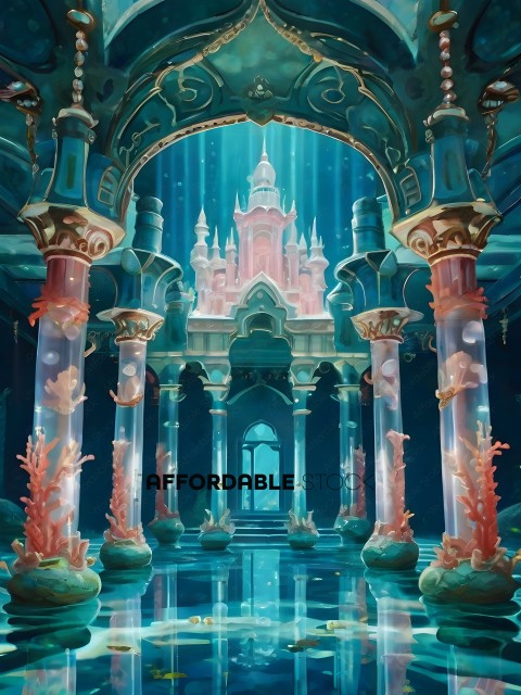 A fantasy world with a pink castle and sea creatures