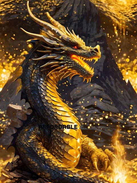 A dragon with a fiery mane and golden scales