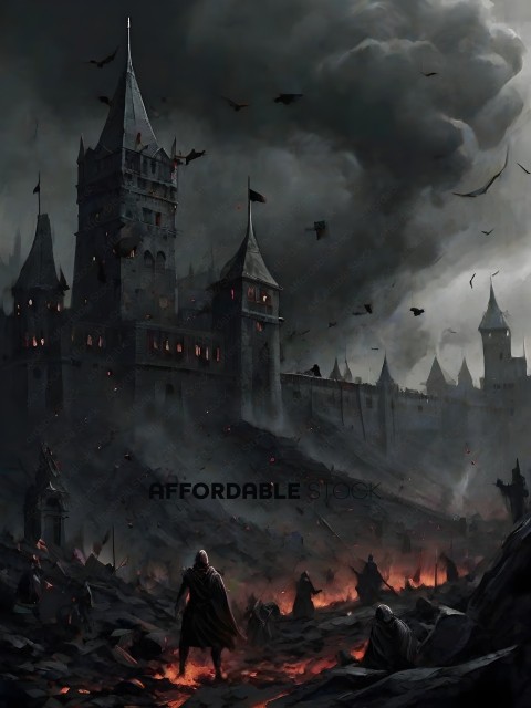 A fantasy scene of a castle under attack