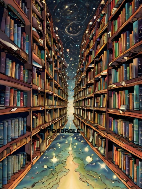 A long hallway of books with a starry sky in the background