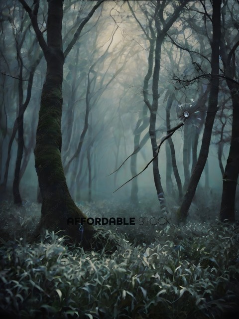 A forest with a misty atmosphere and a bird in the background