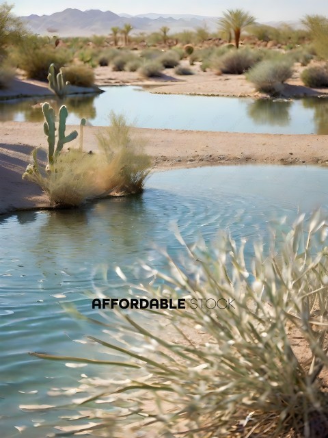 A cactus in a desert with a pond in the background