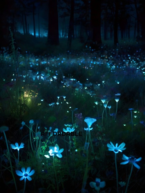 A field of flowers with a blue glow