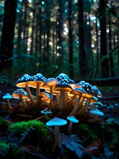 A group of mushrooms with a glowing light in the forest