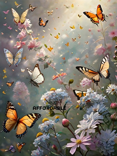 A painting of butterflies and flowers
