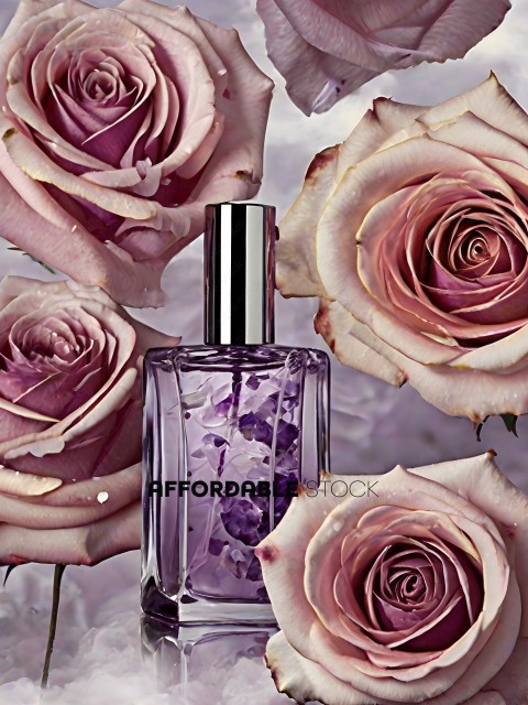 A bottle of perfume with a rose on the label
