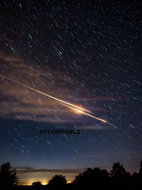 A shooting star streaks across the sky