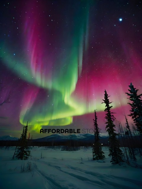 A beautiful night sky with a green and purple aurora
