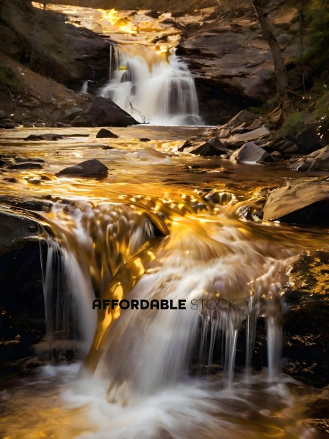 A waterfall with a golden hue