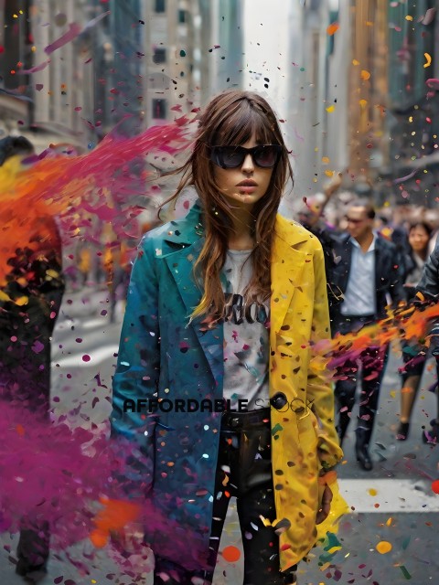 A woman in a colorful jacket walks through a colorful scene