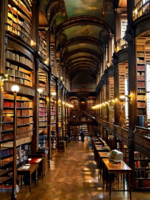 A library with a long hallway and many books
