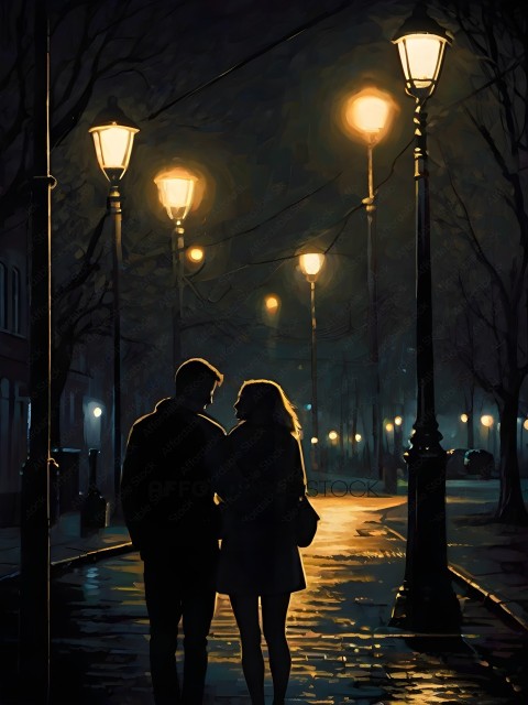 A couple walks down a street at night
