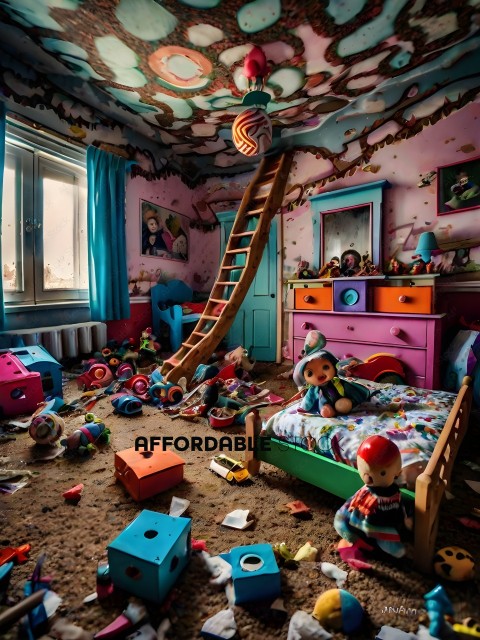 A messy room with a bed, toys, and a ladder