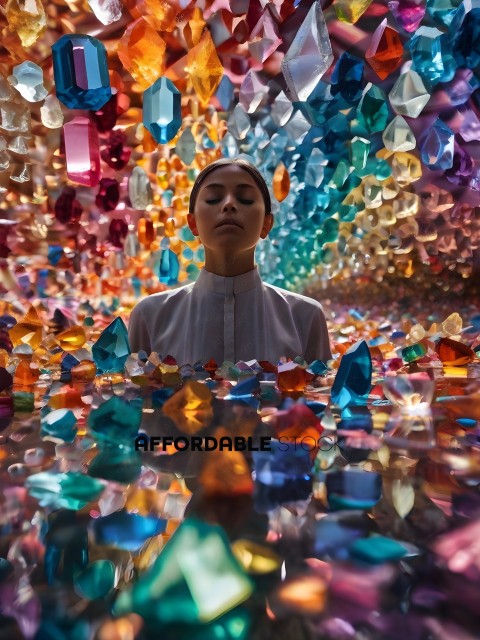 A woman in a white shirt surrounded by colorful crystals