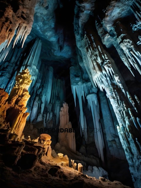 A dark cave with blue lighting and yellow stalagmites