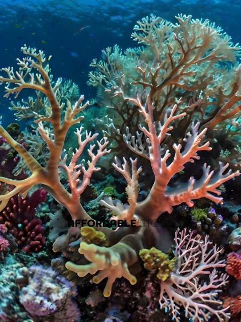 A close up of a coral reef with a variety of sea creatures